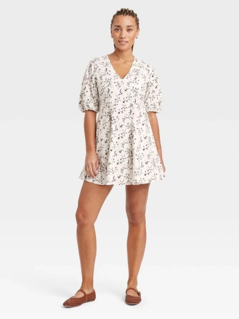 Universal Thread Bell Elbow Sleeve Mini A Line Dress, Women, XL, White Floral